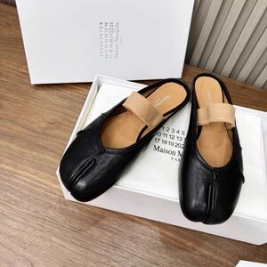 Maison Martin Margiela Black Leather Split-Toe Slingback Mules with Beige Strap